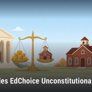 Fostoria News Illustration of courthouse, scales, and school building with autumn trees in background.